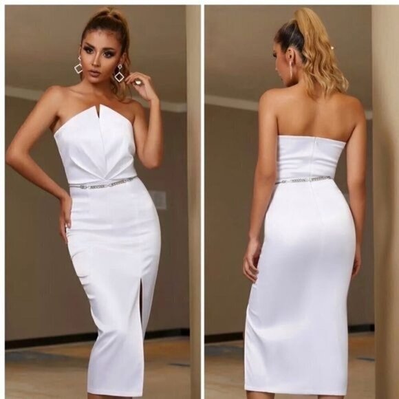 TheDressBluePrint Dresses & Skirts - white strapless sheath dress pleated bodice M